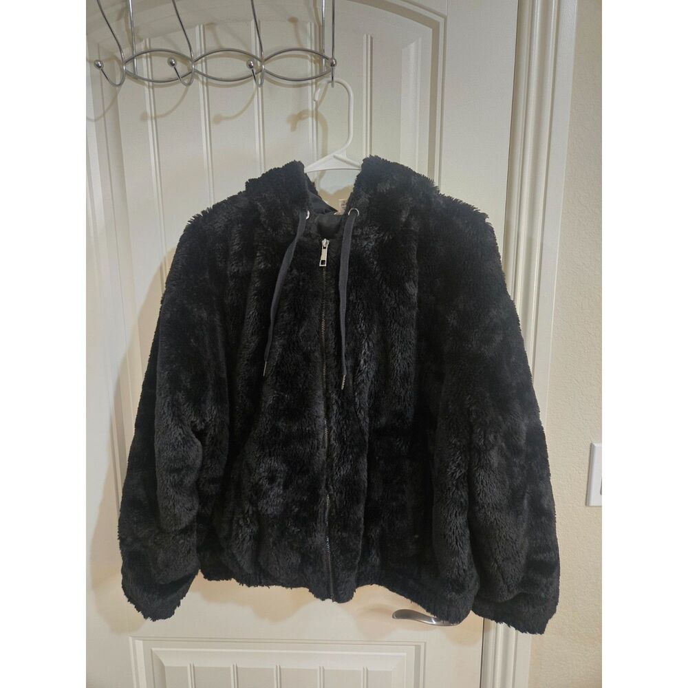 Time and Tru Girls Size L 12-14 Black Faux Fur Hooded Jacket Full Zip Plush